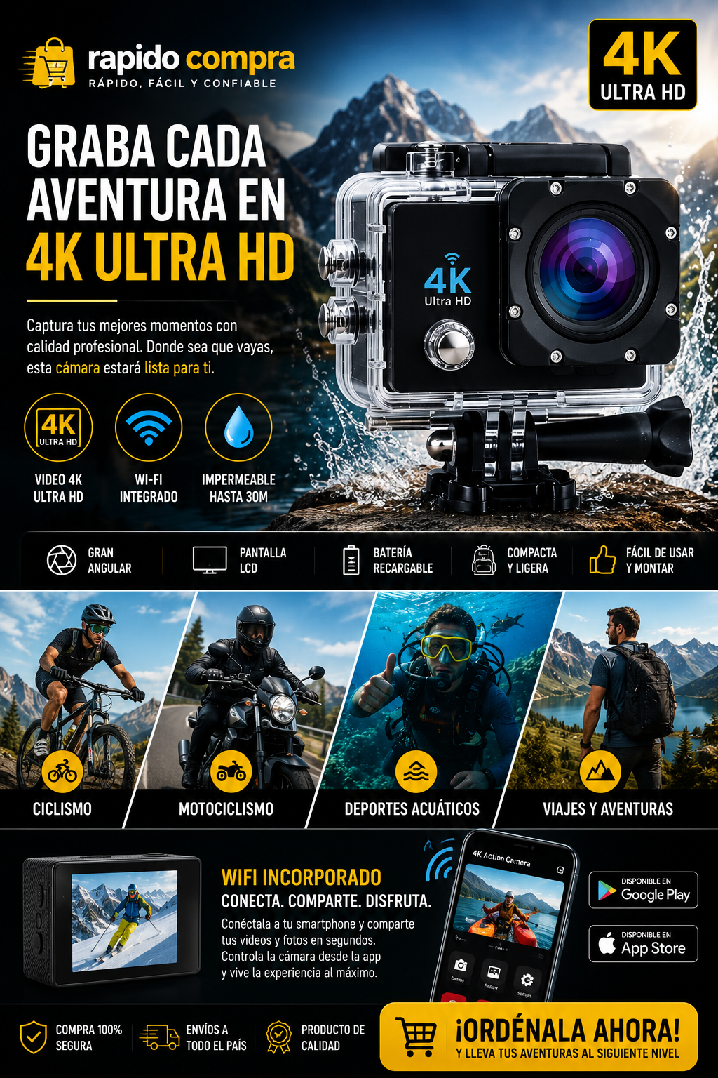 📷 Cámara de Acción 4K Ultra HD con Wi-Fi