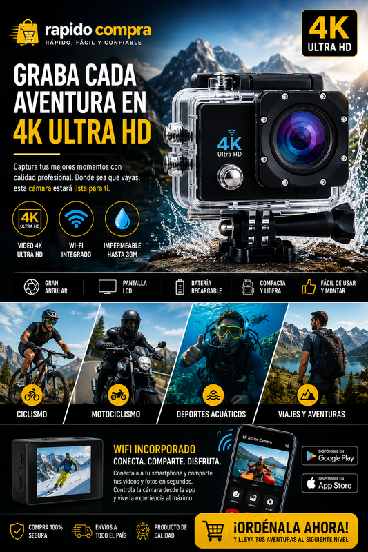 📷 Cámara de Acción 4K Ultra HD con Wi-Fi