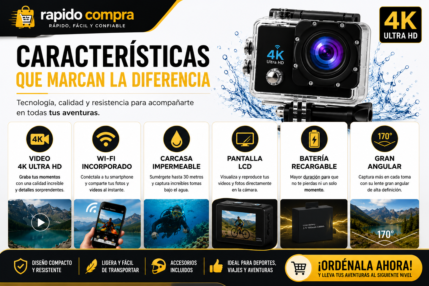 📷 Cámara de Acción 4K Ultra HD con Wi-Fi