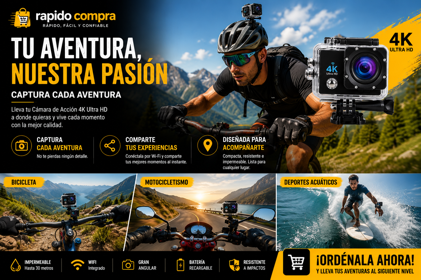 📷 Cámara de Acción 4K Ultra HD con Wi-Fi