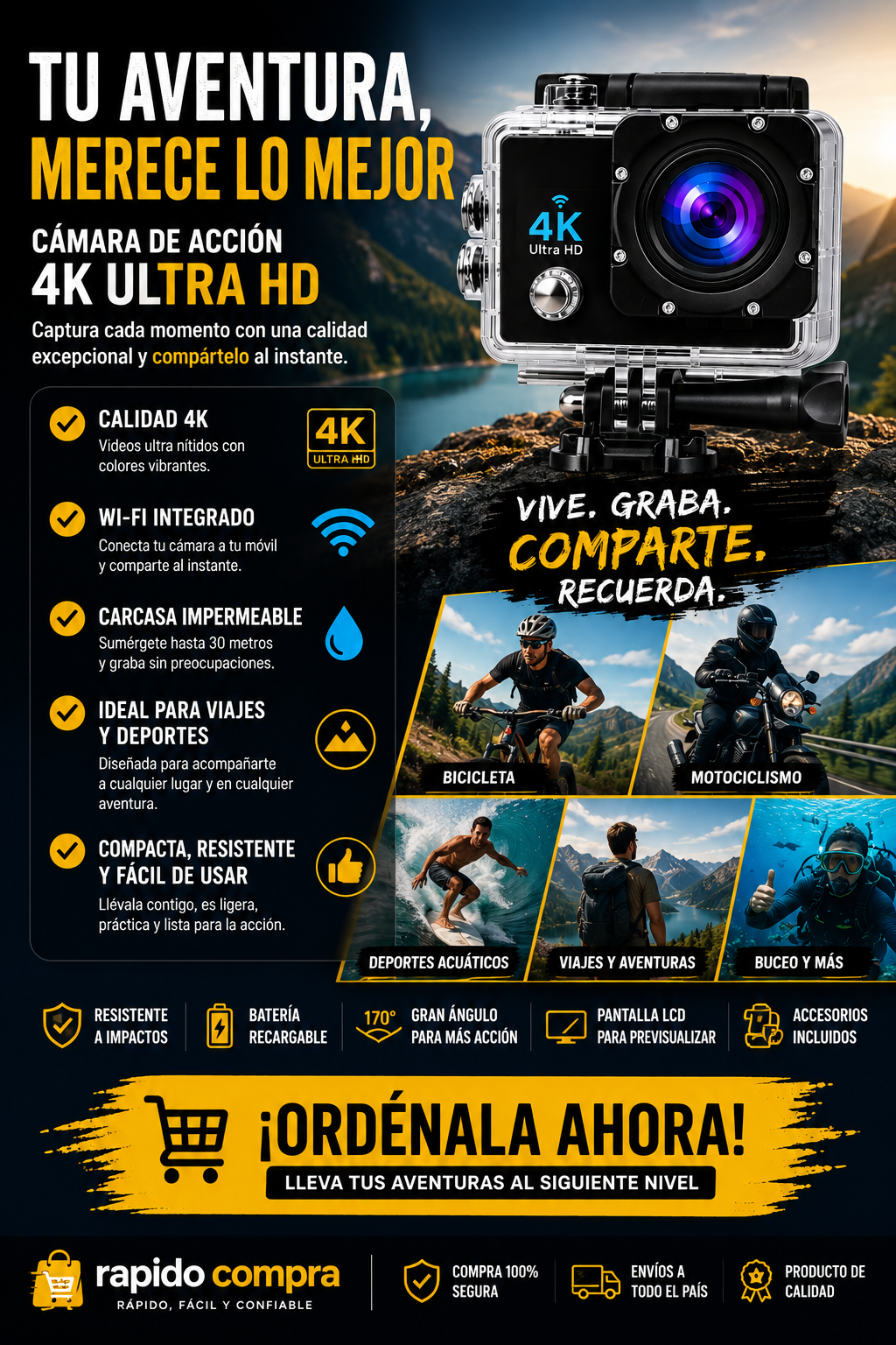 📷 Cámara de Acción 4K Ultra HD con Wi-Fi